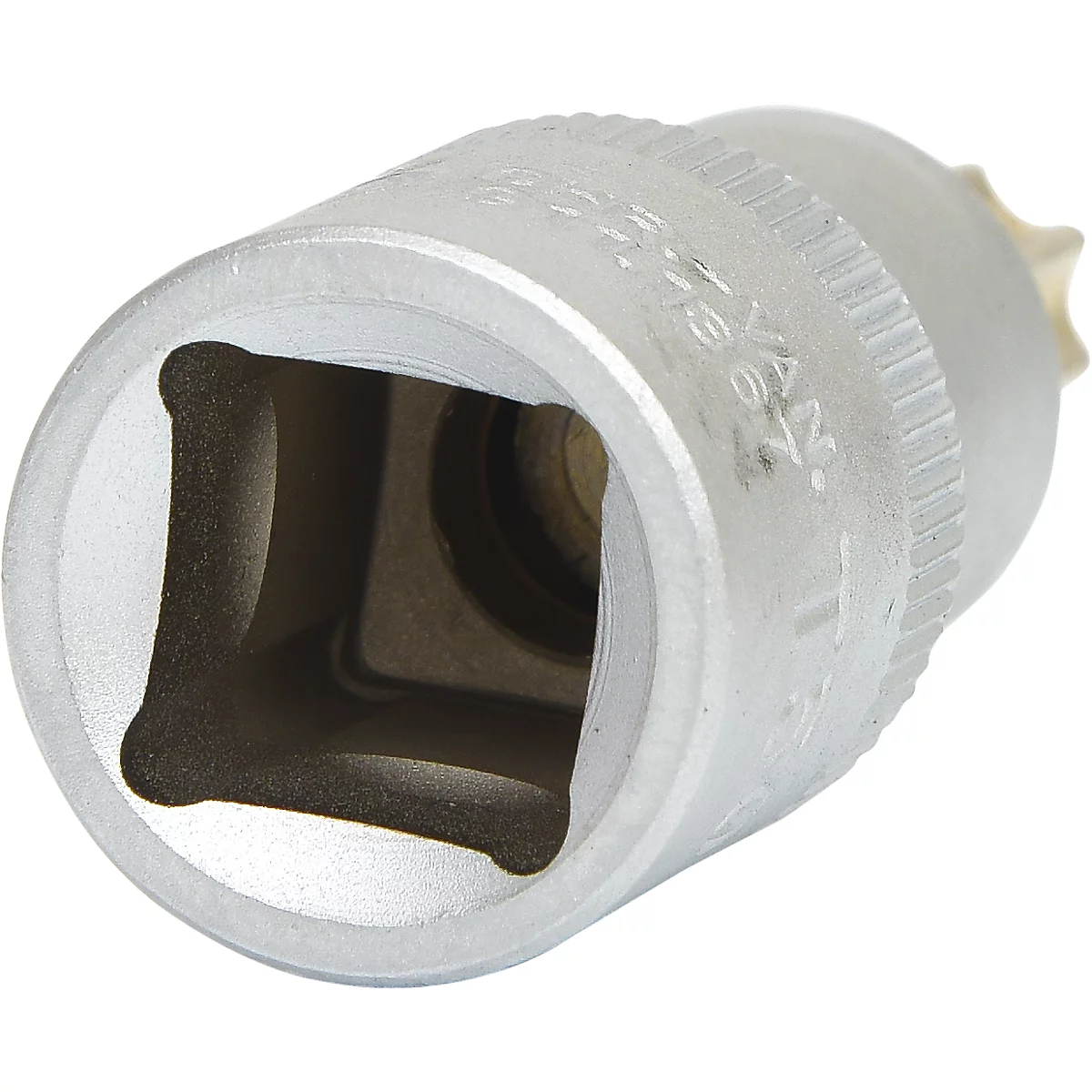 Metall-Steckschlüsseleinsatz in Nahaufnahme mit quadratischer Öffnung.